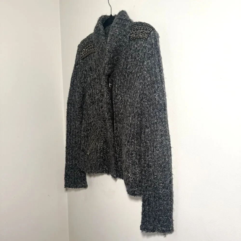 Culture Calvari Knit Cardigan Beaded Shoulder‎ Detail Military Zippers S